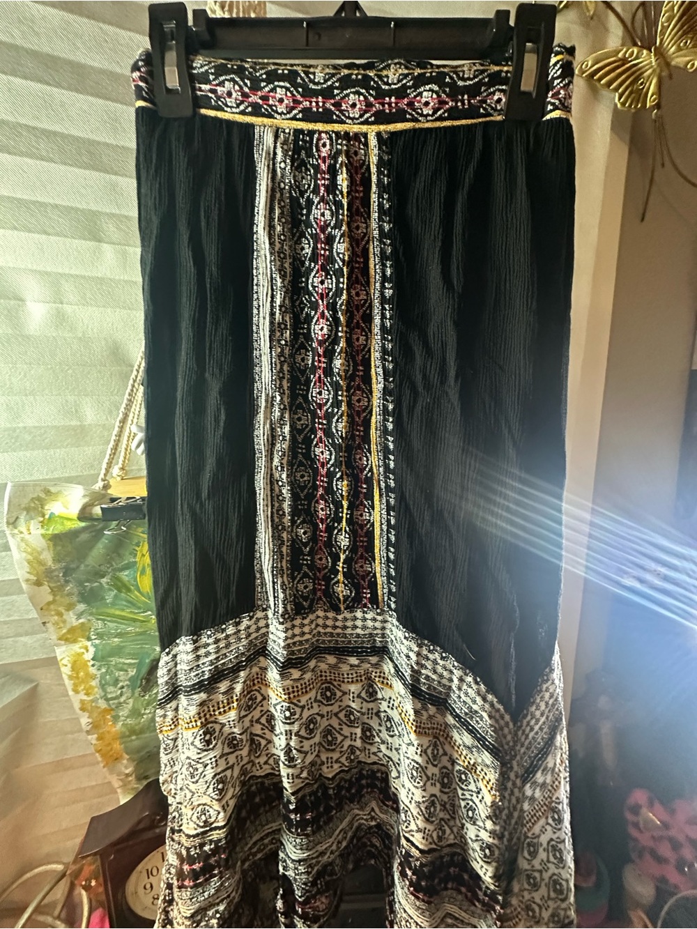 Passport Black Maxi Skirt with Multicolor Embroidered Panels